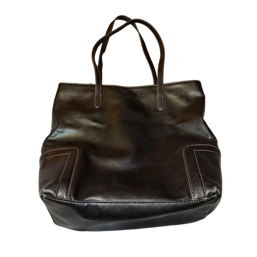 Chaps Black Faux Leather Tote Shoulder Bag Large Textured Purse Work Shopper